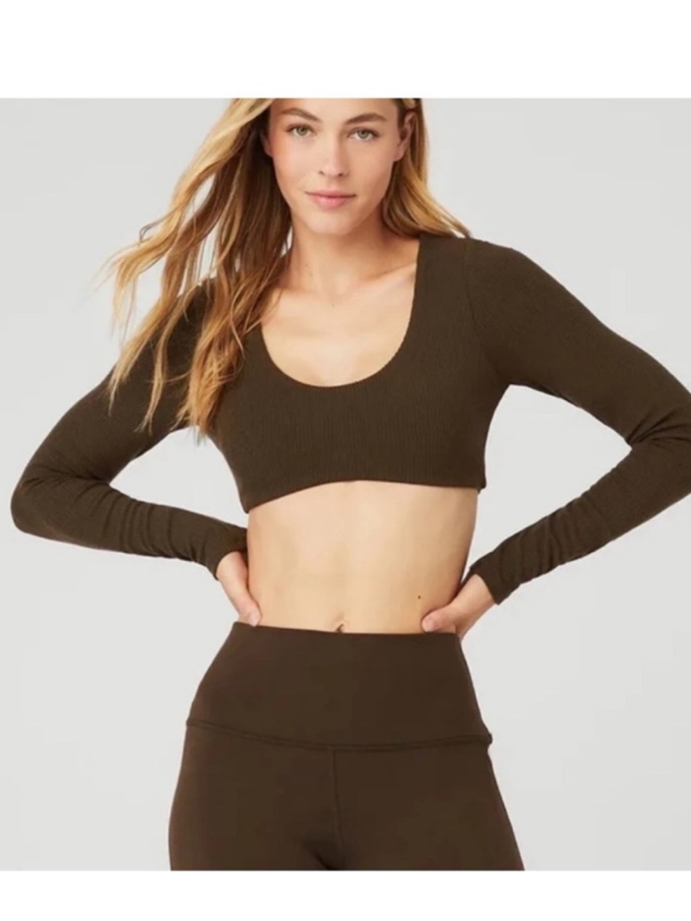 Like New $80 Alo Yoga Ribbed Defined Long Sleeve Bra Top Espresso Brown